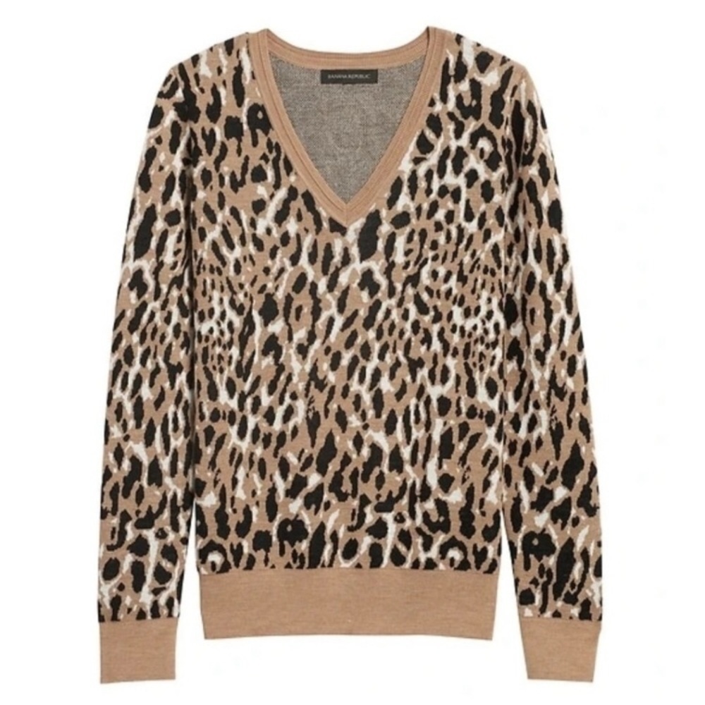 Banana Republic Leopard Merino Wool Blend V-Neck Sweater Women’s Size XS